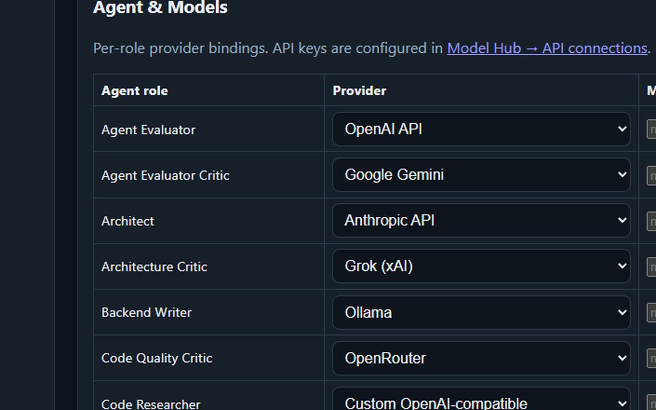 Nimbusware Agent and Models settings with per-role provider bindings