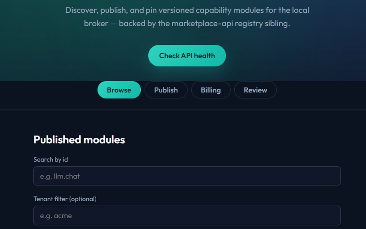 SwissArmyNoife module marketplace browse, publish, and billing storefront